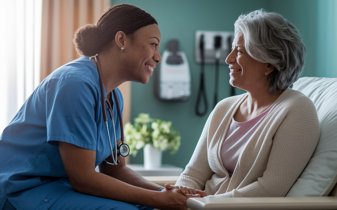 A compassionate healthcare professional interacting with a patient in a cozy clinic room, dressed in scrubs and showing empathy through their body language. The professional leans slightly forward, making eye contact and smiling warmly, while the patient, a middle-aged woman, looks reassured and calm. Soft, natural lighting filters in, highlighting their connection against a background of soothing colors and healthcare paraphernalia, promoting an atmosphere of care and understanding.