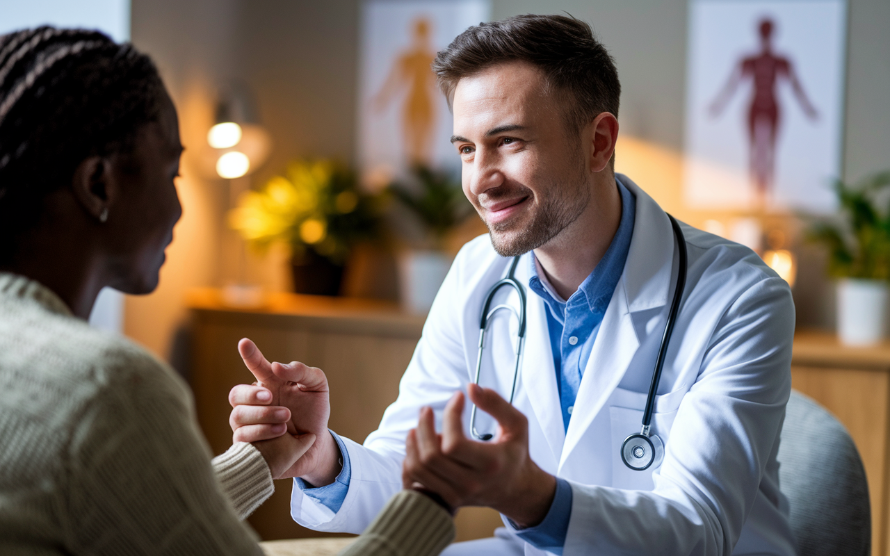 A physician in a white coat, demonstrating mindfulness techniques with a patient, both holding hands in a comforting gesture. The background features a warmly lit consultation room, adorned with plants and wellness posters. The physician leans toward the patient, actively listening with compassion, reflecting an atmosphere of trust and understanding. Soft, natural lighting emphasizes the warmth of the interaction, highlighting the importance of mindfulness in creating a supportive healthcare environment.