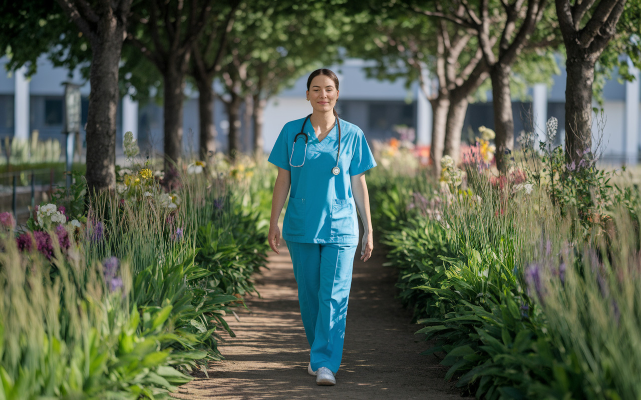 A healthcare professional walking consciously in a peaceful hospital garden, surrounded by lush greenery and colorful flowers. Their expression exudes calmness and presence, with gentle sunlight illuminating their face. The pathway is rustic, lined with trees casting delightful shadows, fostering a deep connection to nature and mindfulness during a brief escape from the demanding hospital environment.