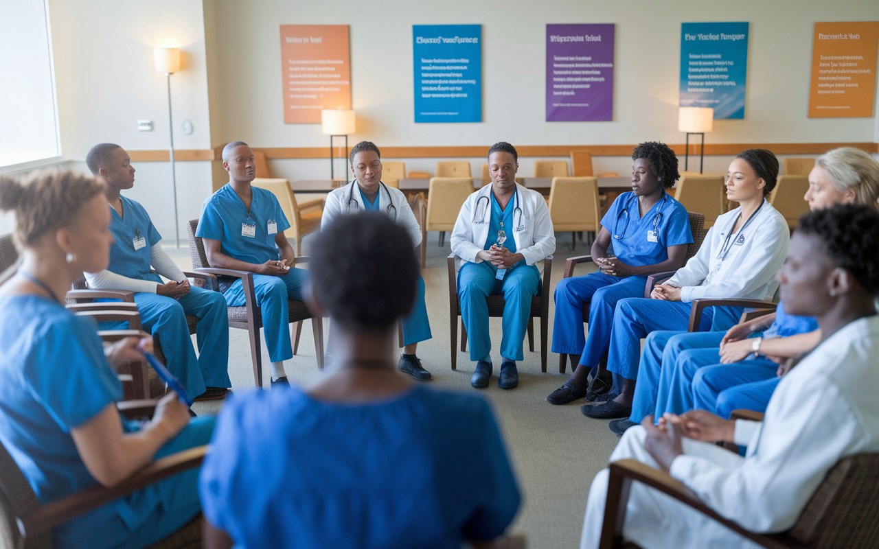 A diverse group of healthcare professionals, gathered in a bright hospital lounge, engaged in a mindfulness session led by an experienced instructor. They are seated comfortably in a circle, with expressions of focus and openness. The setting is accompanied by soft natural lighting and inspirational posters on the walls, creating an uplifting atmosphere fostering shared experiences and emotional support among peers in the healthcare community.