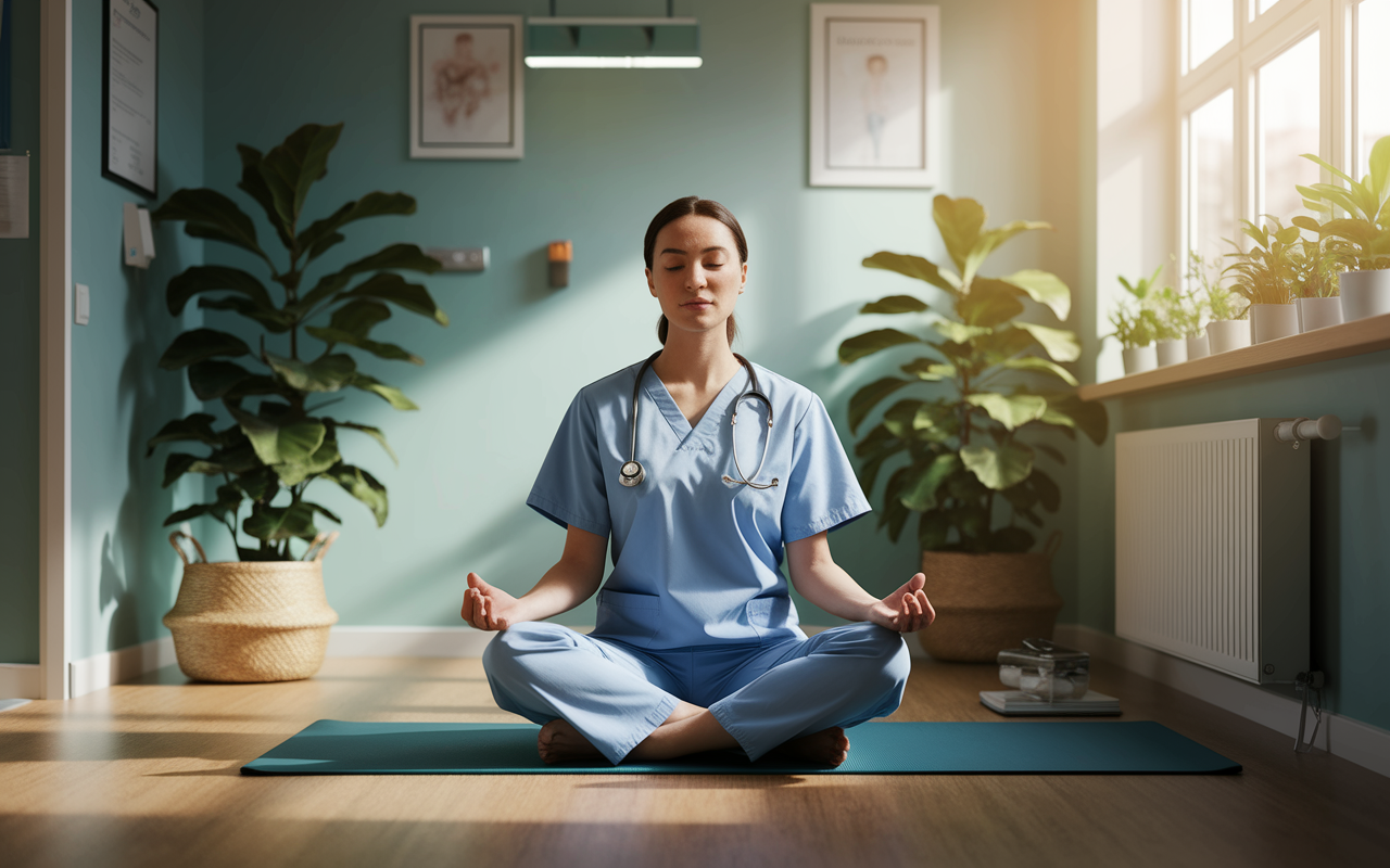 A serene image depicting a healthcare professional practicing mindfulness in a quiet corner of a hospital. The scene includes a physician sitting cross-legged on a yoga mat, eyes closed, surrounded by soft lighting and plants, conveying tranquility. There’s a gentle glow from a nearby window, creating a peaceful atmosphere that contrasts with the bustling hospital environment, highlighting the importance of mindfulness practice.