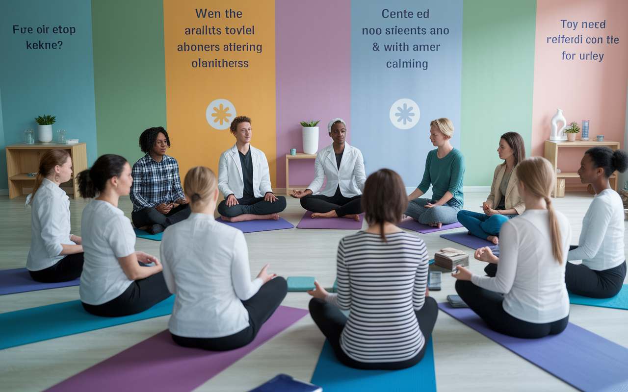 An engaging workshop session for healthcare professionals focusing on mindfulness training. A diverse group, sitting in a circle on yoga mats, listening attentively to a trained facilitator in a well-lit room decorated with calming colors and inspirational quotes on the walls. Various mindfulness materials such as guided meditation handouts and props are present, creating an atmosphere of learning and camaraderie.