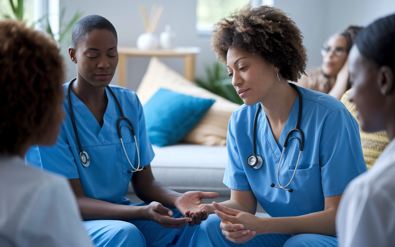 A close-up scene of a diverse group of healthcare professionals engaged in a mindful communication exercise. They are seated in a circle, with a calm, focused demeanor, listening attentively to one another. Subtle cues of mindfulness—an aromatherapy diffuser, soft cushions, and peaceful background sounds—underscore the importance of their attentive interactions, enhancing connection and empathy.