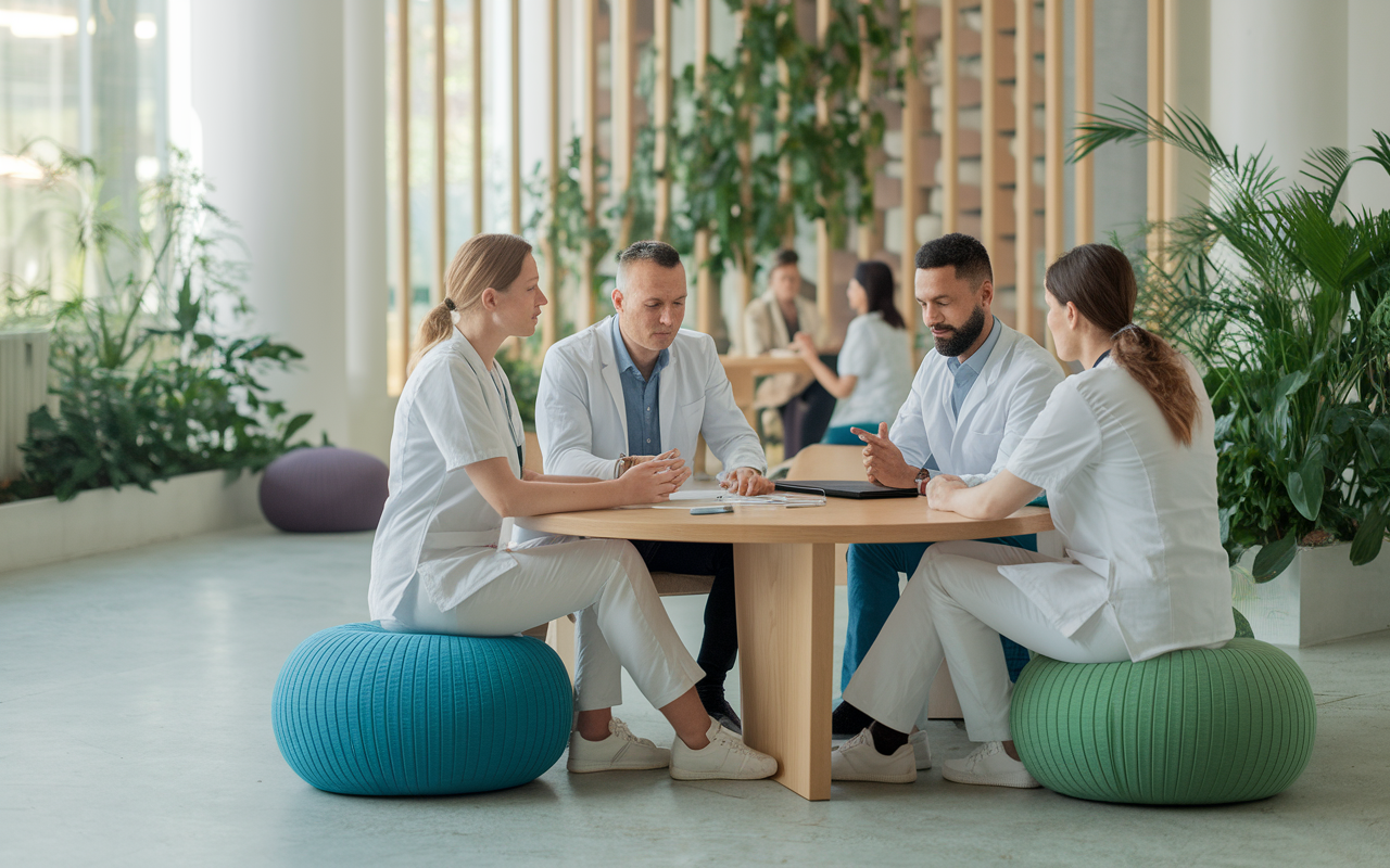 A harmonious healthcare workspace representing mindfulness in action. Medical staff engaged in collaborative discussions over a round table, sharing thoughts and practicing mindfulness techniques with soft lighting and plants around. The space is calming yet efficient, with elements like meditation cushions and wellness literature, symbolizing a supportive environment to combat high-pressure challenges.