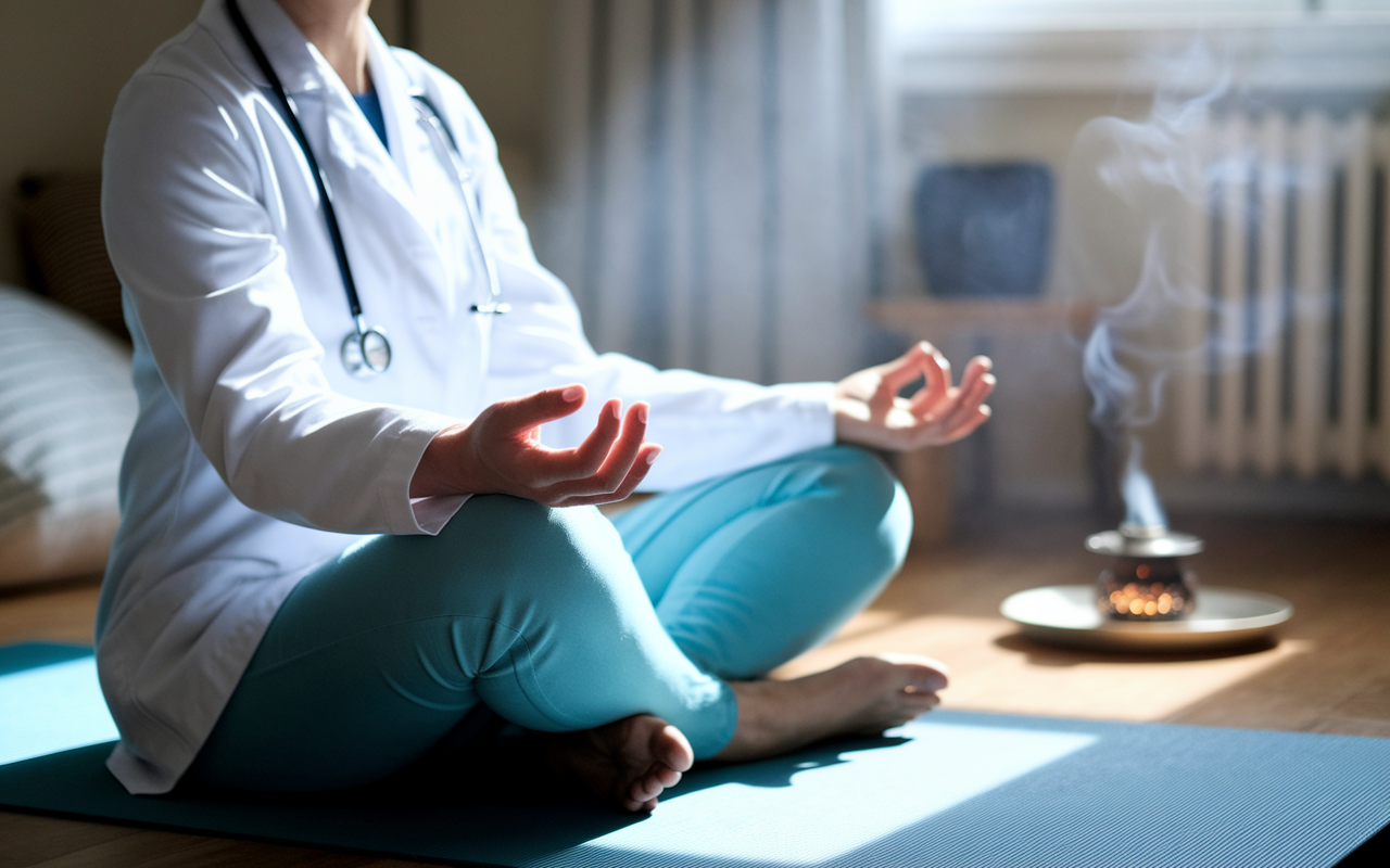 A close-up of a doctor practicing mindfulness meditation in a quiet, softly lit room. The physician sits cross-legged on a yoga mat, eyes closed, with a serene expression. Soft cushions and a gentle incense burner are in the background, contributing to the tranquil atmosphere. Light streams in through a window, casting a warm glow on the clinician's face, suggesting deep focus and engagement in the moment.