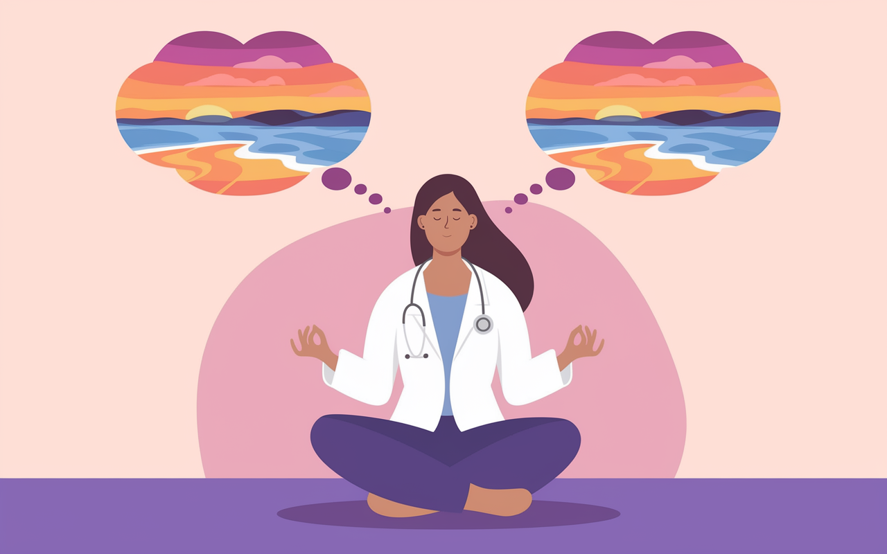 A doctor in a peaceful meditation space, practicing guided imagery. The physician sits comfortably with eyes closed, surrounded by soft lighting and a calming aura. Visualizations reflect in thought bubbles above their head, depicting a serene beach at sunset, with gentle waves lapping at the shore and a colorful sky. The images evoke relaxation, calmness, and the successful resolution of patient interactions, showcasing a transformative internal experience.