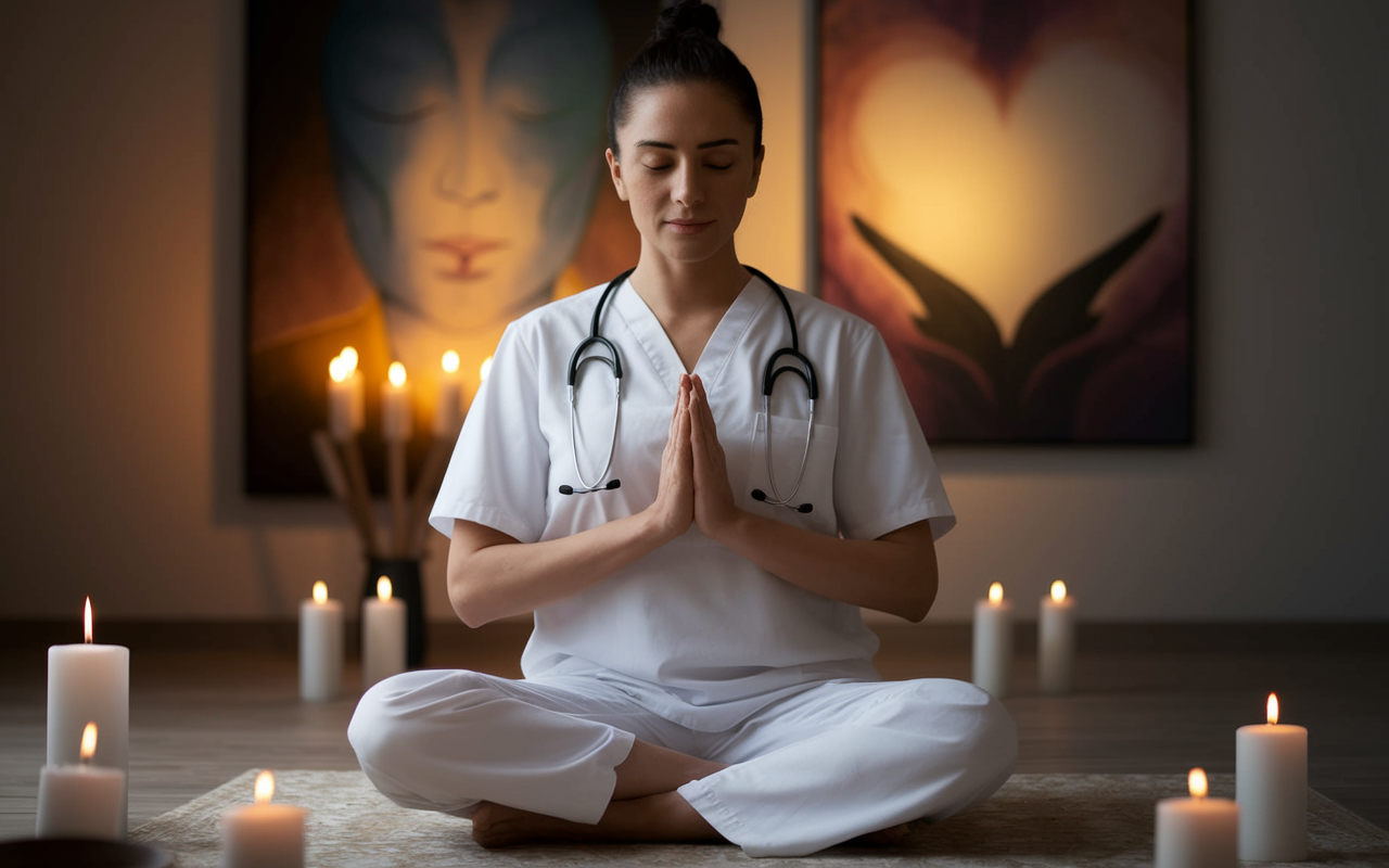 A doctor sits in a quiet, peaceful room practicing loving-kindness meditation. The physician, with a gentle expression, has eyes closed and hands placed over the heart, radiating compassion. Warm light from candles dances softly, creating an inviting atmosphere. The backdrop features art that evokes kindness and connection, symbolizing the doctor’s intention to foster empathy and compassion towards themselves and their patients.