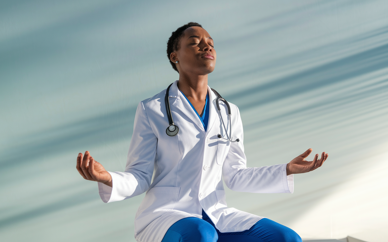 A doctor practicing breathing techniques in a clear, serene setting. The physician stands or sits comfortably with eyes closed, embodying a focus on breath. Gentle sunbeams illuminate the scene, adding warmth and serenity. Their posture reflects a calm yet purposeful demeanor, as they inhale deeply, with a look of concentration on their face while visualizing calming energies flowing through them.