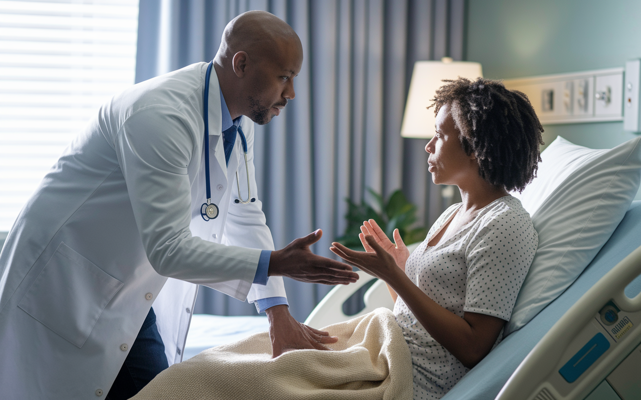 A doctor in a calm hospital room practicing active listening with a patient. The doctor is leaning slightly forward, making eye contact, displaying empathy, while the patient expresses concerns. The scene is well-lit with a soft ambiance, showcasing comforting elements like a blanket or soothing colors. An indication of a mindful interaction can be felt in their body language, reflecting a deep connection between patient and provider.