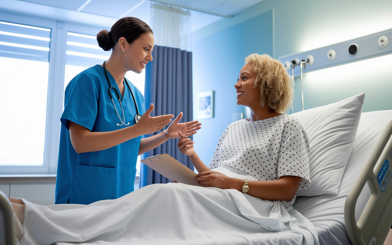 A nurse in a modern healthcare setting, patiently explaining discharge instructions to a patient sitting on a hospital bed. The nurse is utilizing non-verbal cues, like hand gestures, while attentively observing the patient's facial expressions to ensure comprehension. The room is bright, with educational materials displayed on a clipboard, emphasizing clarity and communication. The environment conveys a sense of calm, trust, and understanding.