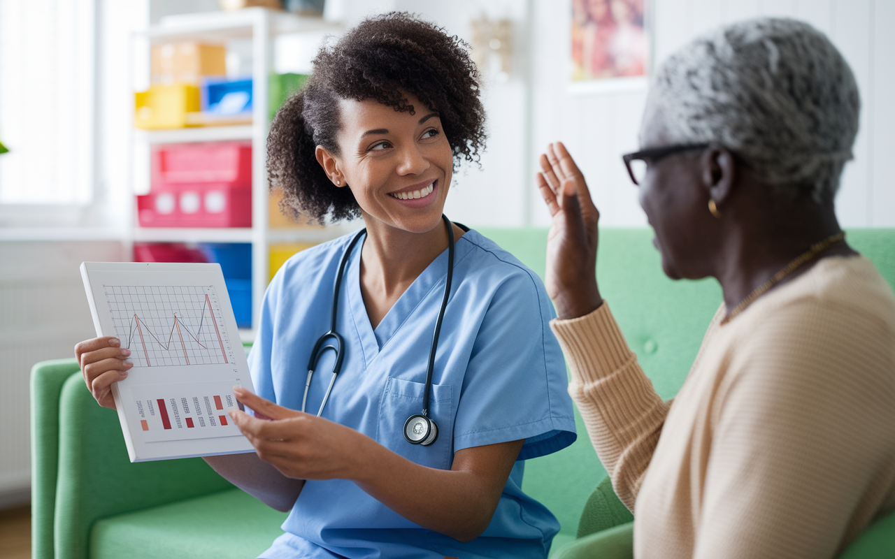 A diabetes educator in a bright, inviting clinic room using visual aids to explain blood sugar management to a patient. The educator, radiating warmth and enthusiasm, is displaying charts while the patient is engaged, nodding and asking questions. The background includes colorful educational materials and a cozy seating arrangement to foster a comfortable learning environment. The image illustrates a positive and empowering health communication scenario.