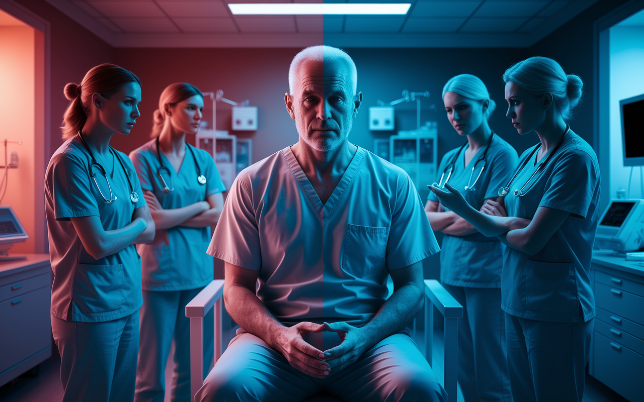 A split scene illustrating conflicting patient choices: on one side, a 68-year-old male patient with a calm demeanor sitting in a hospital room, refusing chemotherapy, showing control over his own decision. On the other side, a healthcare team, looking concerned, discussing treatment options, with medical equipment visible in the background. The atmosphere is tense yet respectful, with warm and cool tones representing the conflict between patient autonomy and beneficence. Vivid details emphasize the emotional weight of the situation.