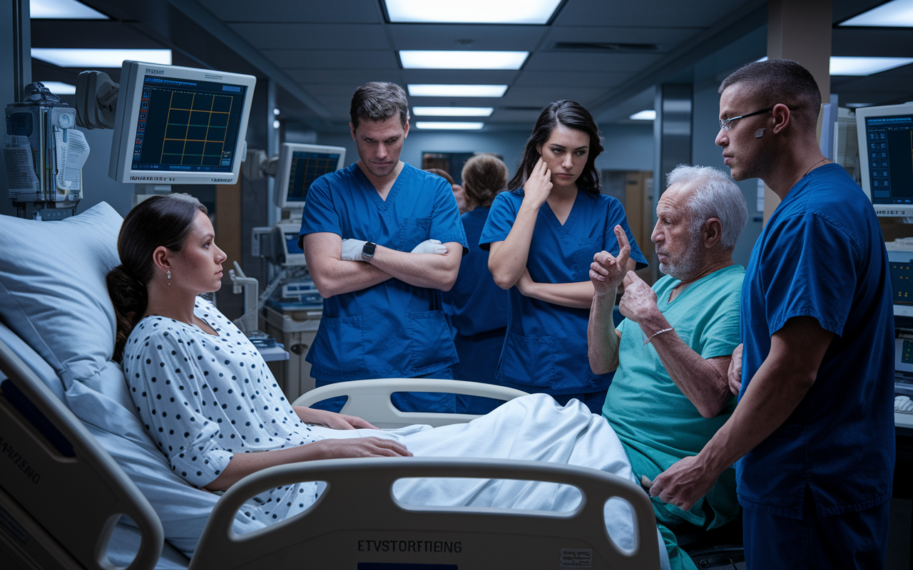 A dramatic, high-stakes scene in a bustling hospital emergency room during a crisis. Two patients, a young mother and an elderly veteran, are being evaluated for limited ventilator resources. The healthcare team is in deep discussion, looking conflicted and serious, with monitors and medical supplies in the background. The setting captures urgent lighting conditions contrasted with emotional expressions, highlighting the ethical tension of resource allocation during a pandemic. Photorealistic style with detailed expressions and dynamic composition.