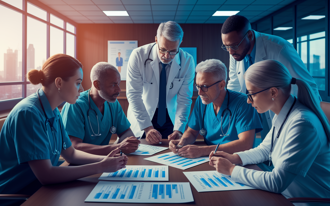 A healthcare team huddled around a table in a modern hospital meeting room, deep in discussion about an ethical dilemma. There are diverse team members, showing different perspectives, with charts and ethical frameworks visible. Warm, soft lighting conveys a sense of collaboration and thoughtfulness, while expressions of determination and concern capture the weight of the decision-making process. Set in a professional medical illustration style with an emphasis on details and realism.