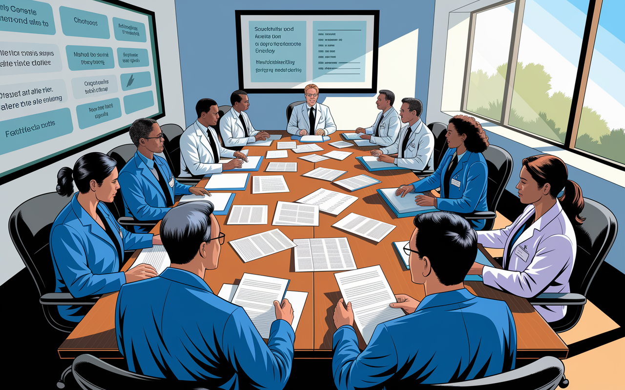 An ethics committee meeting in a boardroom, with a diverse group of healthcare professionals discussing ethical dilemmas. Papers and medical files are strewn across the table, with a large screen displaying ethical frameworks. The atmosphere is intense but constructive, with expressions of thoughtfulness and empathy. Natural light pours in from large windows, emphasizing the collaborative spirit and seriousness of their task. Illustrated in a bright, detailed style that captures the professionalism and urgency of their deliberations.