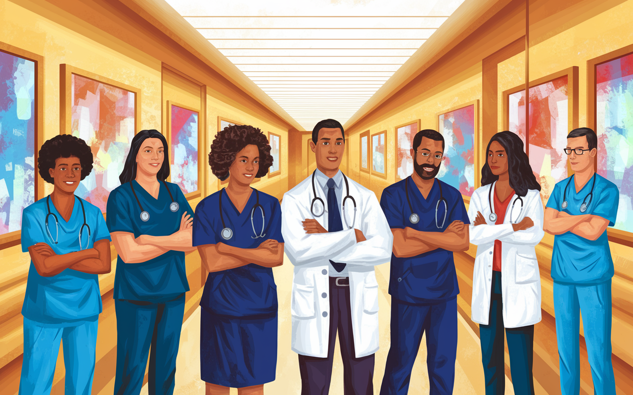 A diverse group of healthcare professionals, standing together in a hospital corridor with determined expressions, symbolizing their commitment to ethical integrity in patient care. The corridor is brightly lit and bustling with activity in the background, reflecting a vibrant healthcare environment. Emphasizing their role as advocates, these professionals show unity and compassion. Captured in a dynamic, inspirational digital painting style, highlighting their dedication with warm and professional tones.