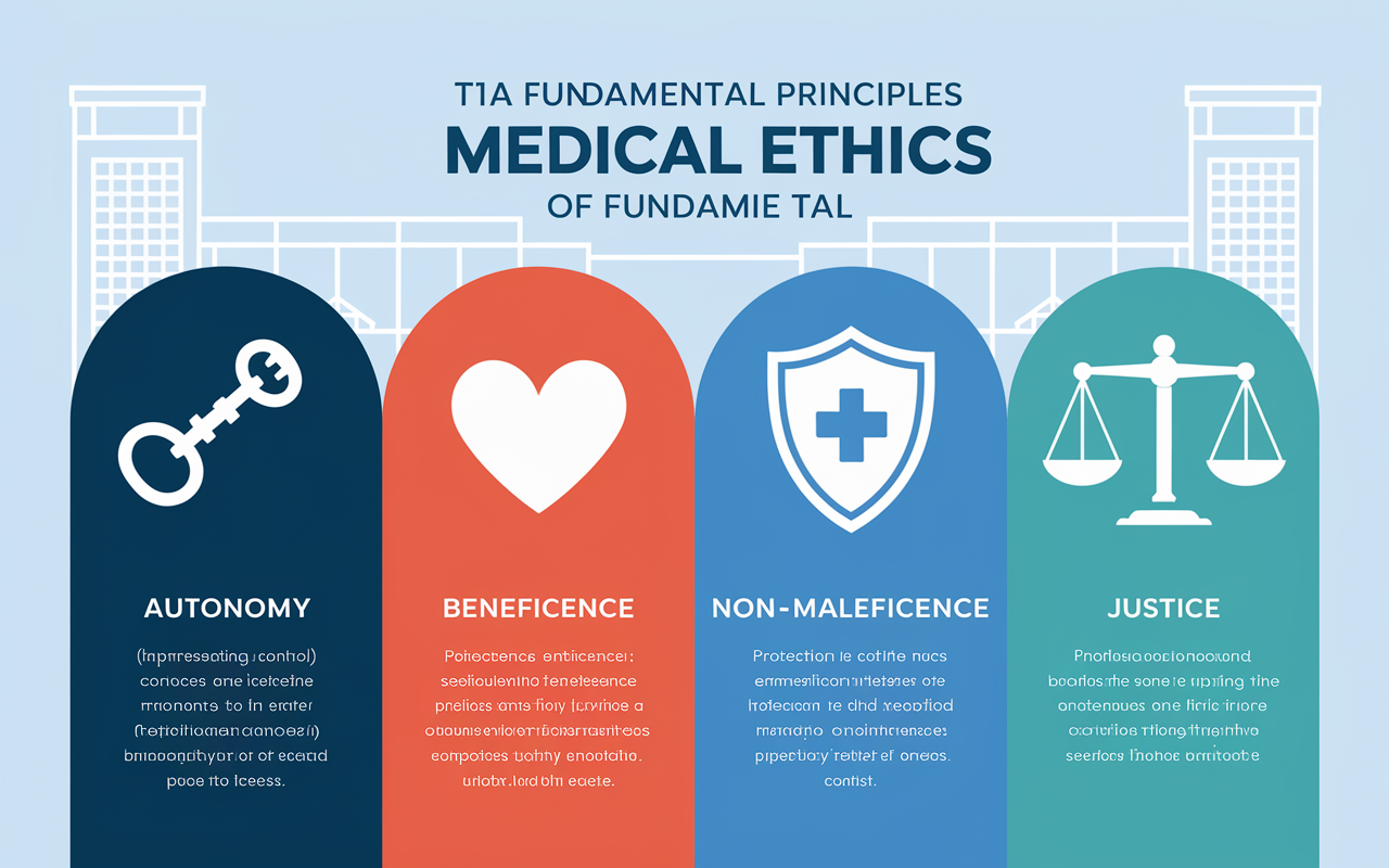 A visually striking infographic highlighting the Four Fundamental Principles of Medical Ethics: Autonomy, Beneficence, Non-maleficence, and Justice. Each principle is represented by a symbol: a key for autonomy (representing control), a heart for beneficence (empathy and care), a shield for non-maleficence (protection from harm), and a balanced scale for justice (equity). The background features a subtle design of a hospital setting, conveying seriousness and professionalism.