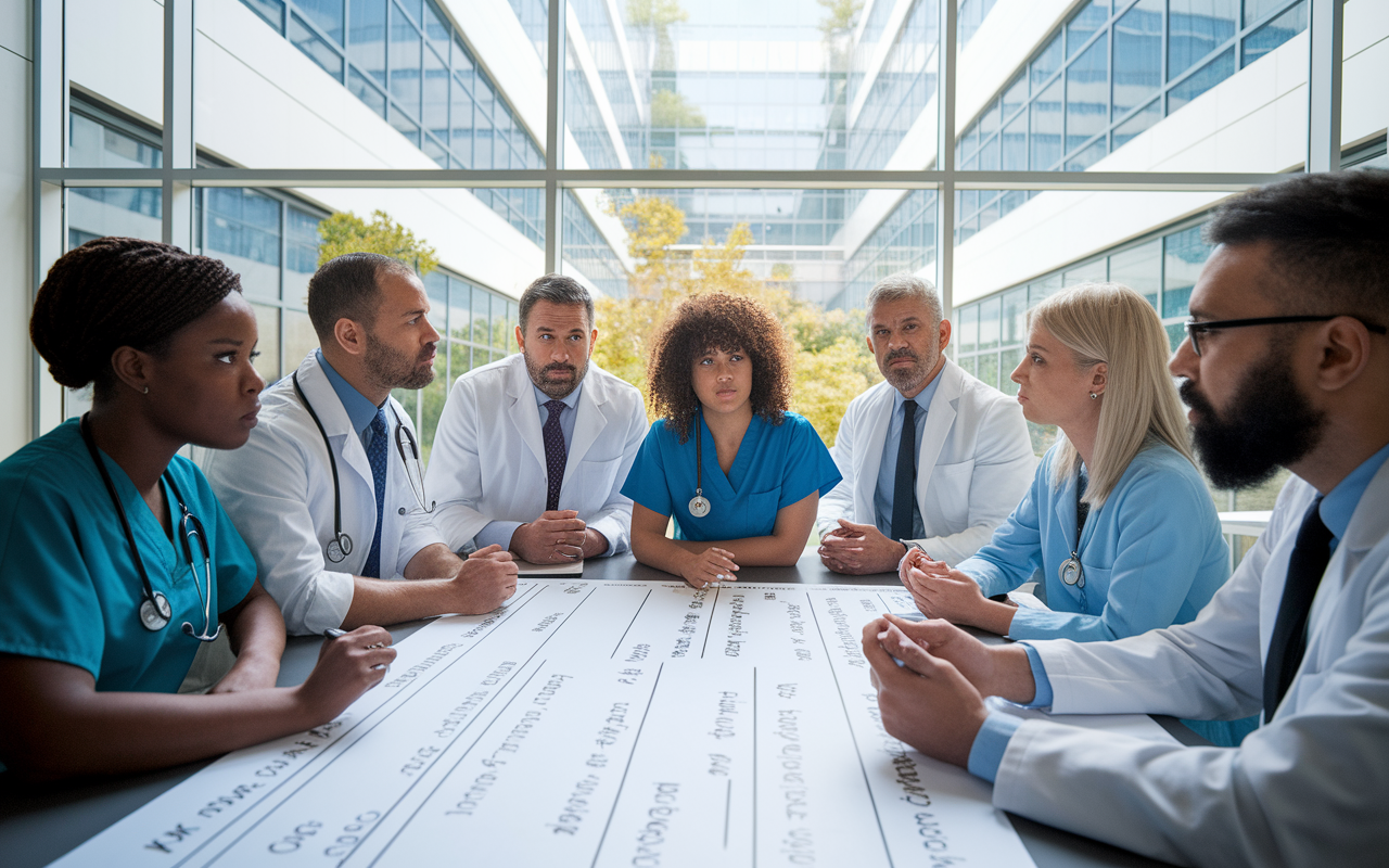 A diverse medical team engaged in a serious discussion in a conference room, with a large whiteboard filled with ethical considerations and patient scenarios. Various professionals - a black nurse, a Hispanic doctor, and a Caucasian social worker - show expressions of concern as they weigh options. The room is brightly lit, with large windows showcasing a hospital courtyard, emphasizing collaboration and ethical deliberation.