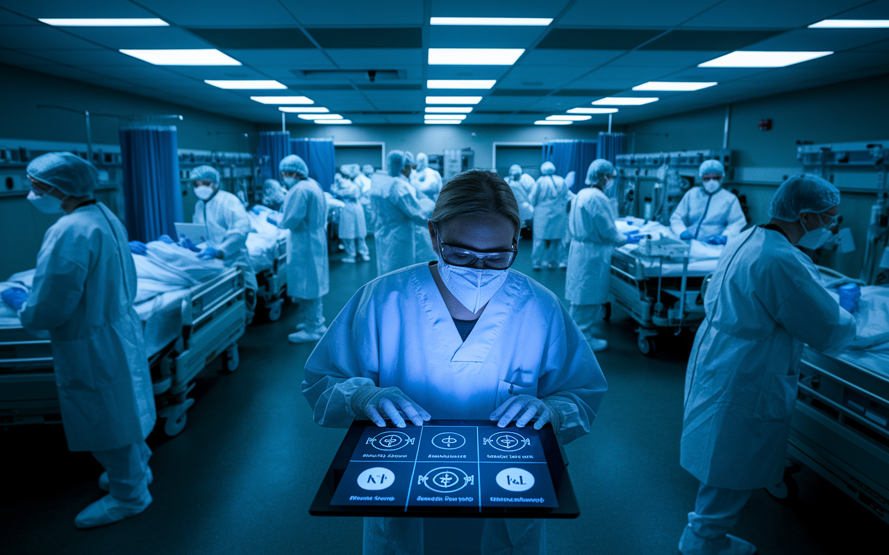 A bustling hospital ward during a pandemic, filled with medical staff in protective gear attending to patients. In the foreground, an urgent nurse discusses with a doctor the allocation of critical resources, illustrated by visible triage protocols on a tablet. The ambiance is intense, with dimmed lights casting a serious tone, while the stark contrast of the bright medical equipment provides a point of focus.