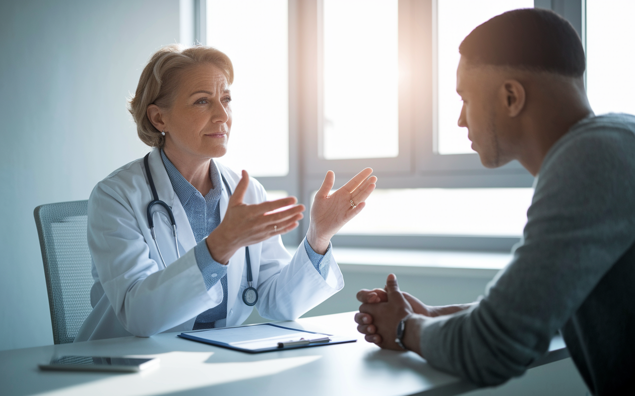 A compassionate doctor sitting at a desk with a patient in an office setting, clarifying a medical procedure using simple language and visual aids. The doctor, a middle-aged woman, gestures thoughtfully, while the patient, a young adult man, looks engaged yet puzzled. Bright natural light streams through the window, symbolizing clarity and understanding amidst complexity.