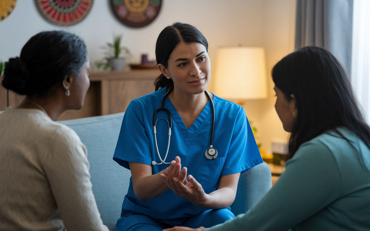 A clinician engaging with a patient and their family in a warm and respectful environment, demonstrating understanding of cultural values during a consultation. The setting is a comfortable room with cultural decorations, while the clinician, a South Asian woman, listens attentively, ensuring a respectful dialogue about treatment options. Soft lighting and a calm atmosphere enhance the feeling of support.