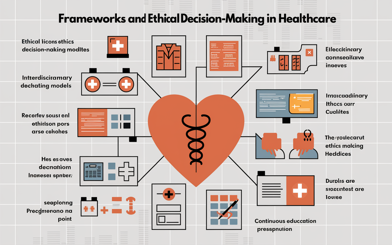 An educational poster illustrating various frameworks and approaches to ethical decision-making in healthcare. Concepts include Ethical Decision-Making Models, Interdisciplinary Ethics Committees, and Continuous Education, presented with icons and bullet points in a clean layout. The background features a subtle texture resembling medical charts, giving a clinical aspect to the design.