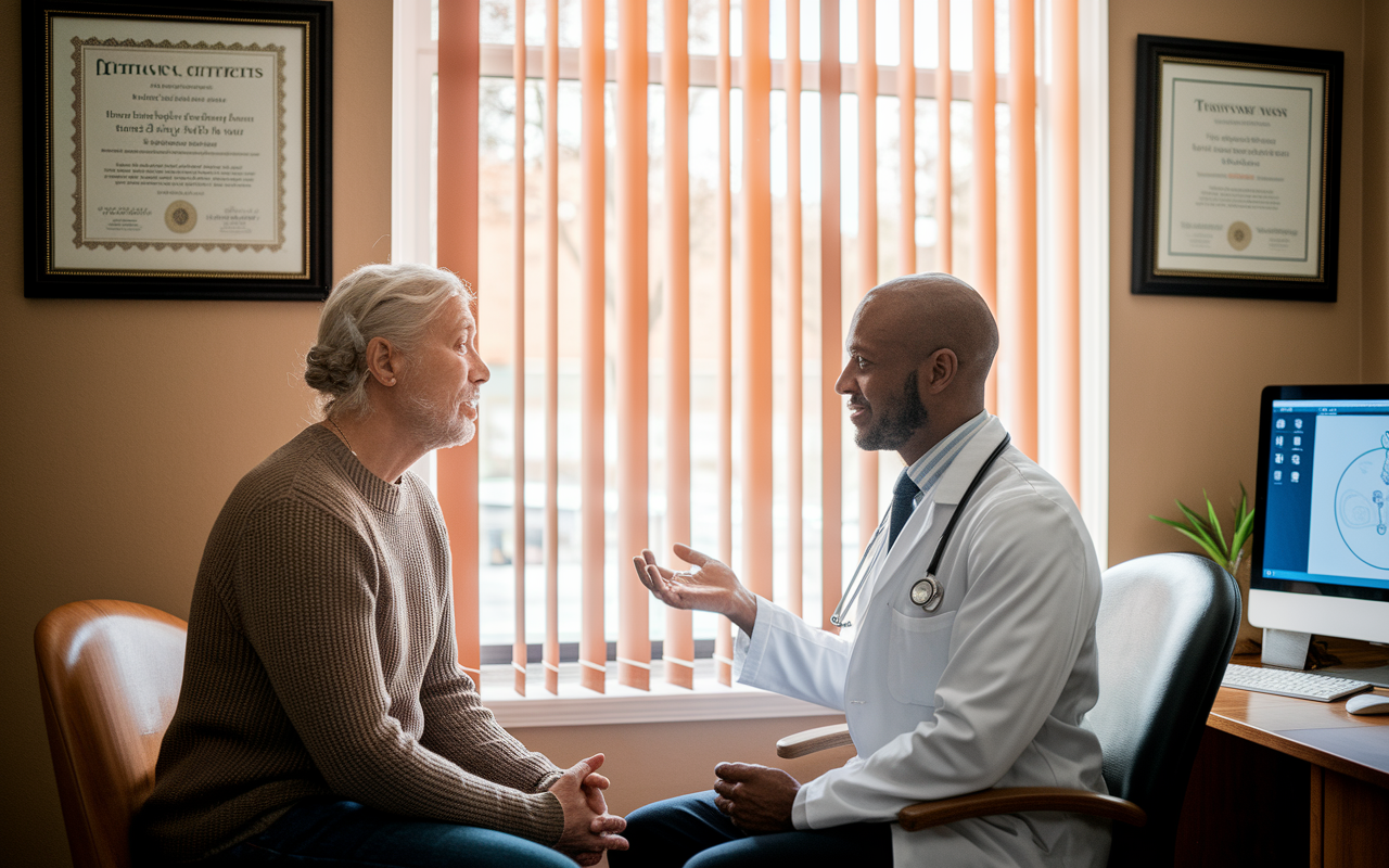 A patient sitting in a private doctor’s office, expressing concern while the physician listens attentively with a reassuring expression. A framed certificate of medical ethics hangs on the wall, and a computer screen nearby displays treatment options. The warm, natural light filtering through the window creates an inviting atmosphere, symbolizing the trust and communication vital for informed consent.