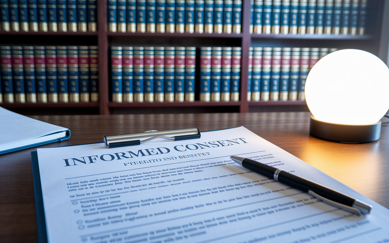 A close-up view of a legal informed consent document on a wooden desk, surrounded by a pen and a glowing lamp. The document is partially filled out, with clear headings and bullet points detailing the procedure, risks, and benefits. The room exudes a professional ambiance, with bookcases in the background focusing on legal and medical textbooks, symbolizing the intersection of ethics and law in healthcare.