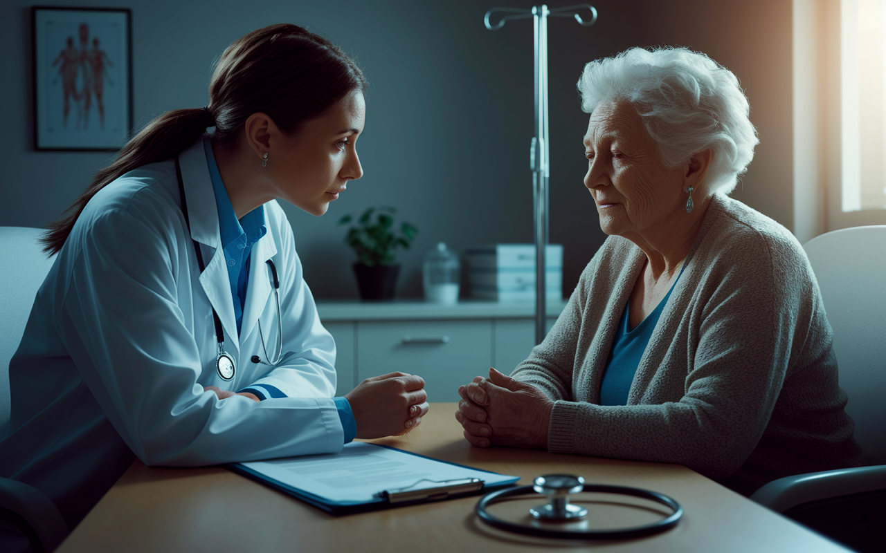 A dramatic scene in a hospital consultation room showcasing a compassionate doctor sitting across from a terminally ill patient. The patient, an elderly woman, looks peaceful yet resolute as she expresses her wish to refuse treatment. The doctor, clad in a white coat, leans forward, listening attentively, with a mix of sadness and respect on their face. The room is softly lit, enhancing the emotional gravity of the moment, with medical charts and a stethoscope nearby.