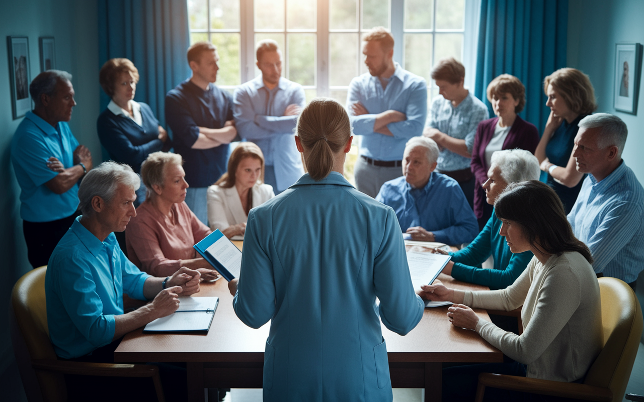 A tense hospital scene where a doctor stands in front of an emotionally charged family meeting. The room is filled with concerned family members, with some arguing while others look distressed. The doctor maintains a calm demeanor, holding a folder containing the patient’s advance directive. Gentle sunlight filters through the window, contrasting with the heavy atmosphere, as family members grapple with their differing opinions about treatment.