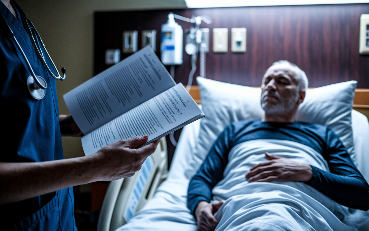 A somber scene in a hospital room where a provider reads through a detailed palliative care guide while standing beside a patient in bed who is in visible pain. The patient, a middle-aged man, appears distressed, and the healthcare provider is shown pondering the moral implications of treatment decisions. Dim, yet warm lighting enhances the emotional weight of the scene, emphasizing the difficult choice between sedating for comfort or hastening death.