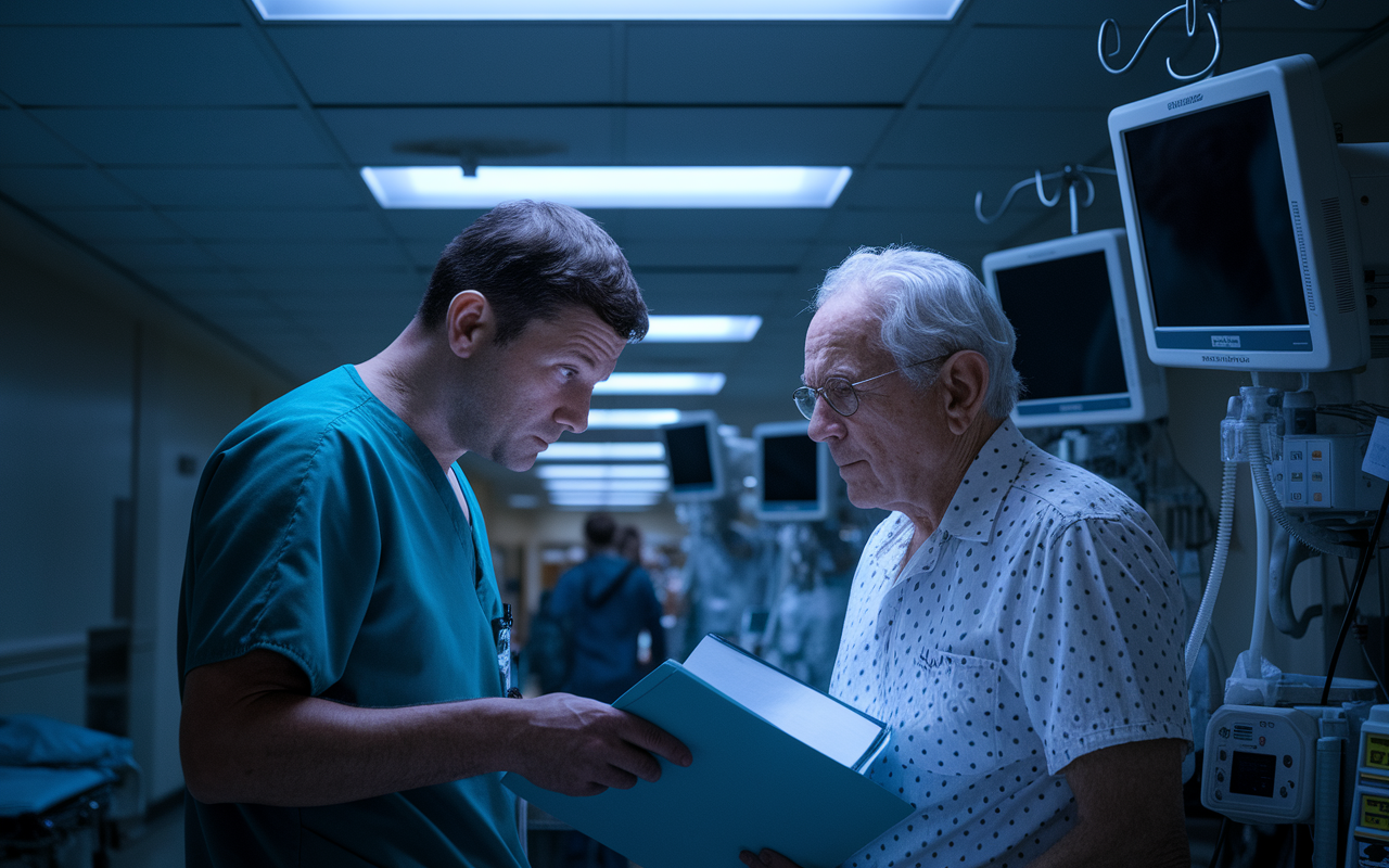 An urgent scene in a hospital supply room where a physician contemplates a difficult decision. The physician looks at two patients' files, one for a young patient and one for an elderly patient with comorbidities, both requiring a ventilator. The tension is palpable, illustrated by the physician’s furrowed brow and the stark lighting that emphasizes the weight of the decision. Medical equipment and monitors fill the background, underlining the urgency and complexity of resource allocation.