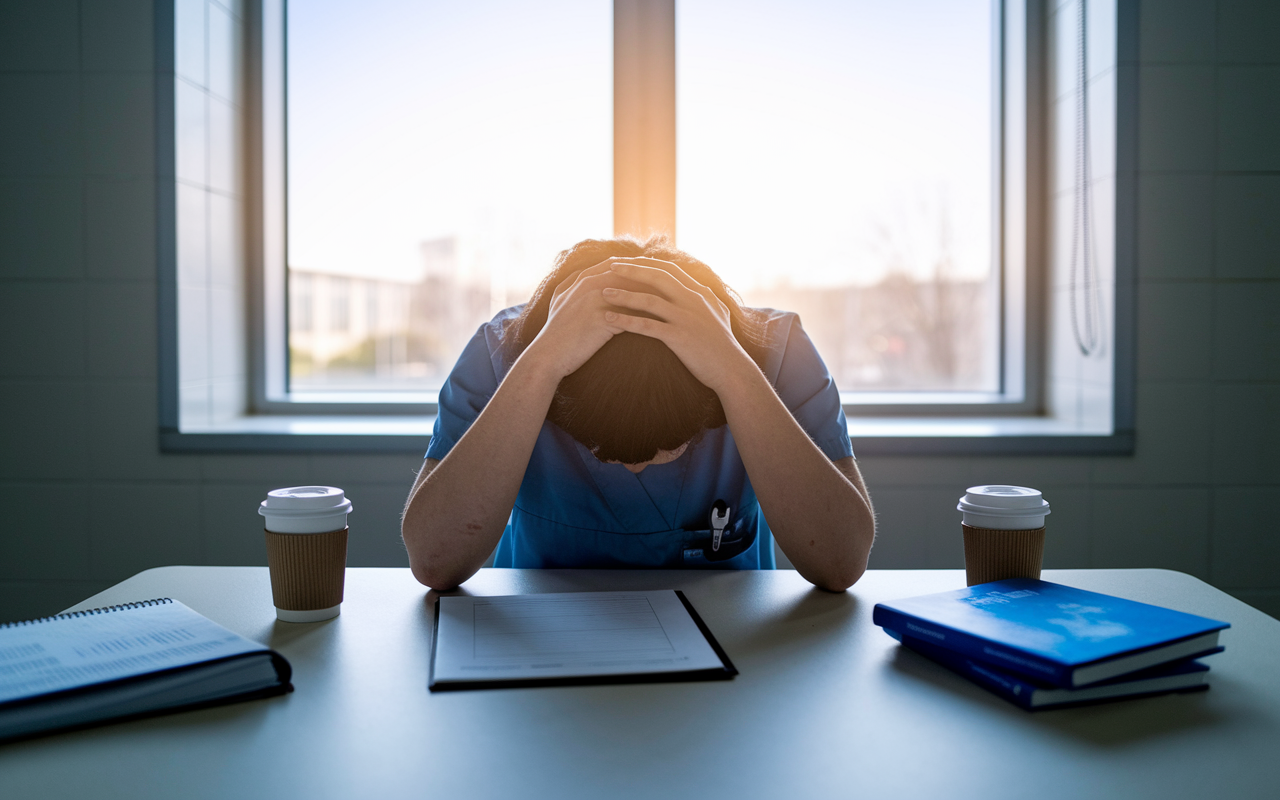 A poignant scene in a hospital break room, where a tired healthcare provider, visibly stressed, sits at a table with their head in their hands. Empty coffee cups and medical textbooks surround them, hinting at long hours and emotional strain. The soft glow from a window provides a stark contrast to the heavy atmosphere, emphasizing the toll of emotional labor in end-of-life care.