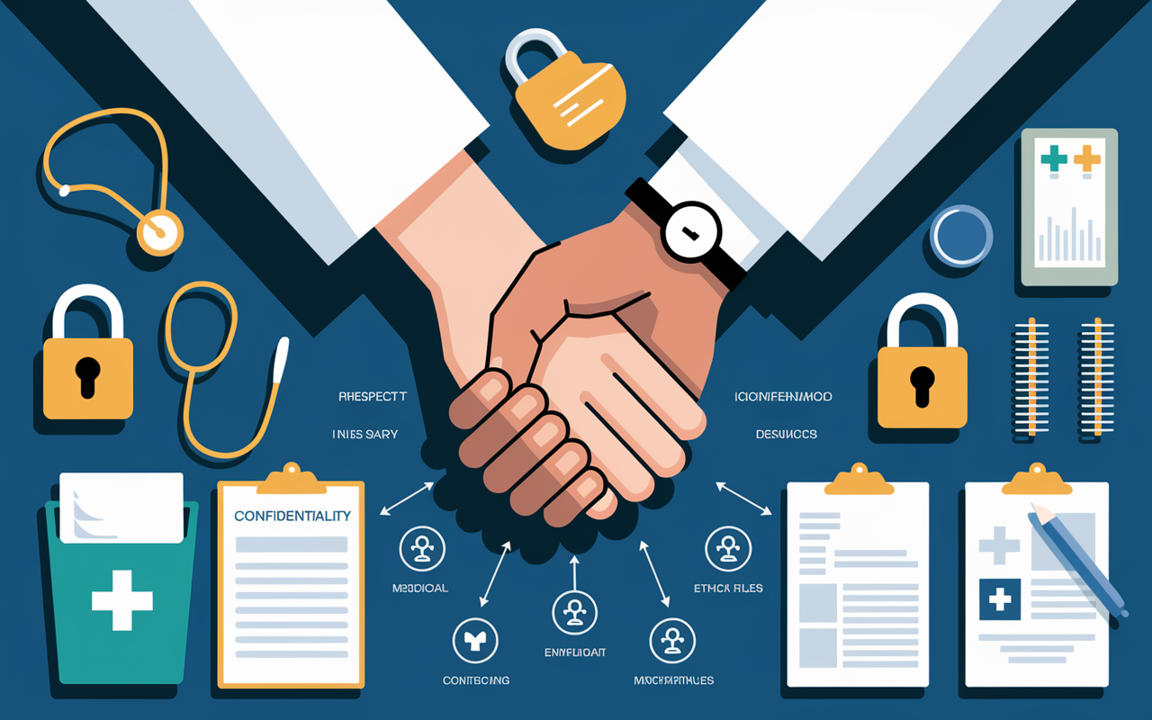 A visual metaphor illustrating the concepts of trust and autonomy in healthcare. The image shows two intertwined hands, representing healthcare providers and patients, surrounded by symbolic representations of confidentiality like locked padlocks, medical files, and diagrams of ethical principles. The scene conveys warmth and an atmosphere of respect and dignity, with soft lighting enhancing the emotional resonance of the subject.