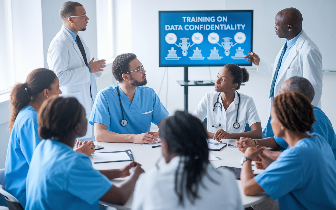 A diverse group of healthcare staff engaged in a training session focused on data confidentiality, with a facilitator presenting key points on a digital screen. The room is bright and equipped with audiovisual aids, fostering a learning atmosphere. Participants appear attentive and engaged, signifying the importance of upholding privacy standards in healthcare practices.