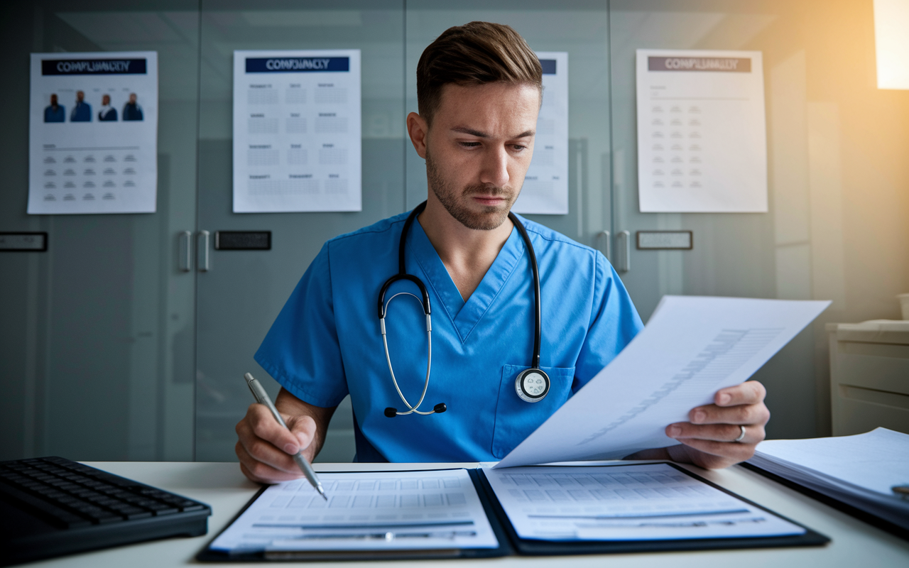 A compliance officer in a healthcare facility, seated at a desk with a checklist in hand, reviewing documents and records for adherence to confidentiality standards. The setting is organized, with charts and compliance regulations displayed in the background. Soft overhead lighting creates a serious atmosphere, reflecting the continuous obligation to protect patient data.