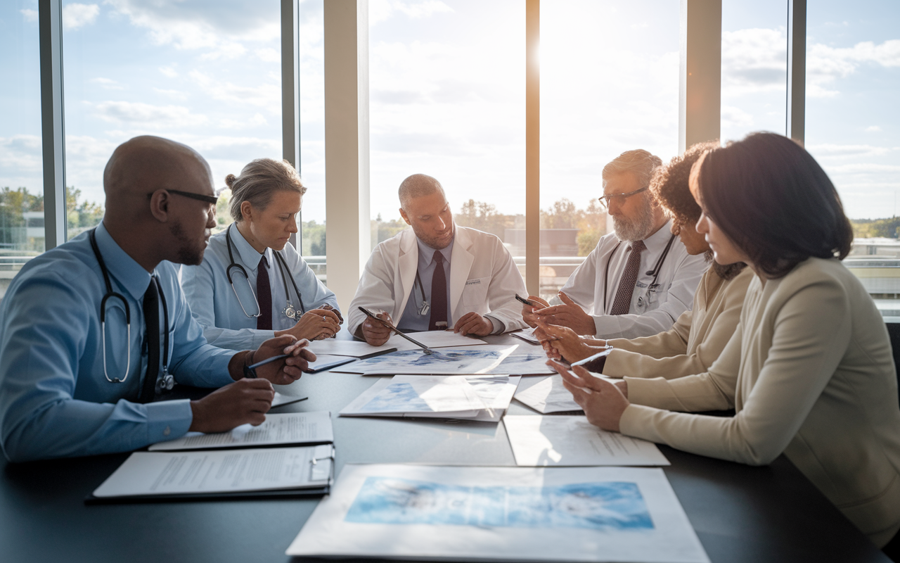 A diverse panel of ethics committee members sitting around a conference table discussing a complex case about a patient refusing treatment. Documents and medical charts are scattered on the table, with one member intensely taking notes. The room is bright and modern, with large windows bringing in sunlight. There is a sense of urgency and respect as the committee members actively contribute ideas, their expressions indicating concern for the patient’s well-being.