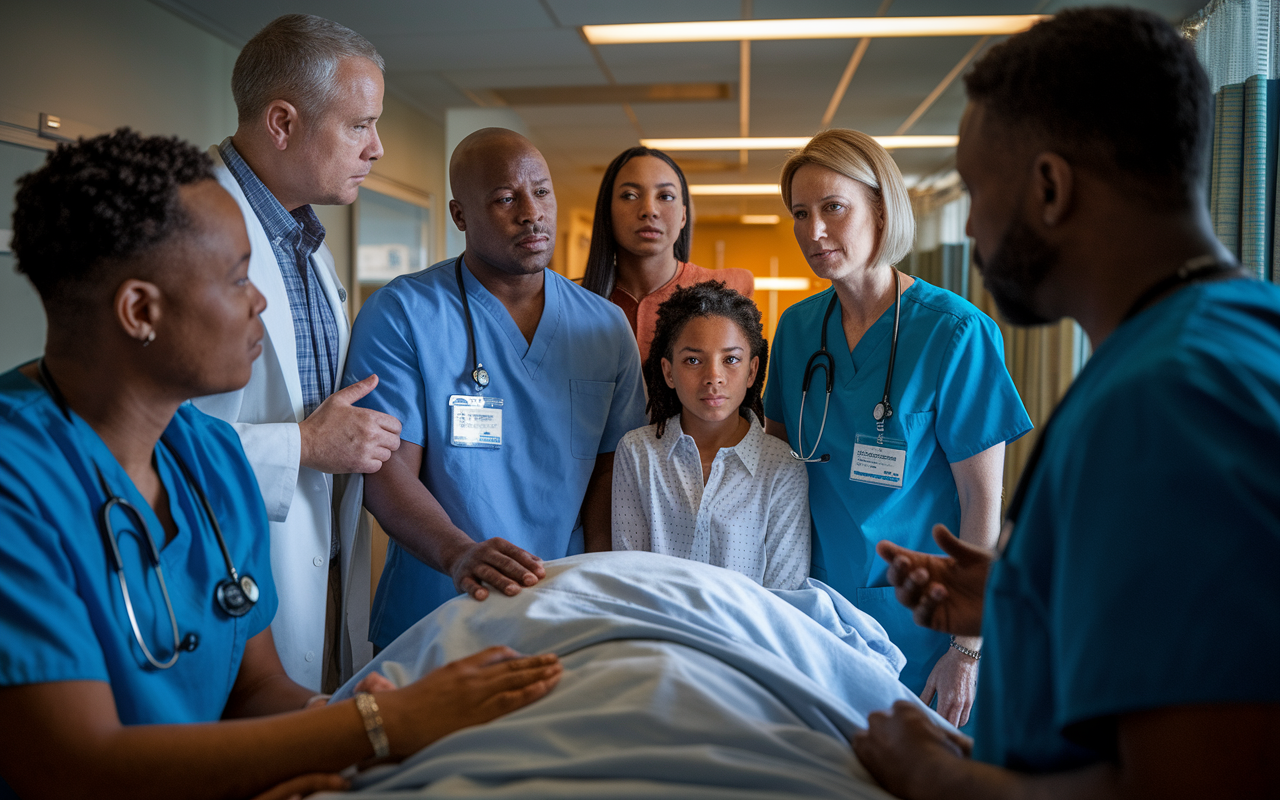 An emotional scene in a hospital room where an ethics committee is mediating a conflict between a family and healthcare providers. Family members display various emotions—concern, frustration, and hope—while the committee members listen attentively, fostering a calm environment. The hospital decor is neutral and comforting, with soft lighting casting a warm glow. The atmosphere is tense yet hopeful as all parties strive for understanding and resolution.