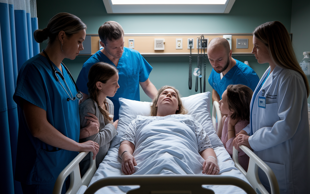 A tense hospital scene featuring a family gathered around a bed of a patient with cognitive impairment. The healthcare team, including a neurologist and a social worker, discuss the ethical considerations of obtaining informed consent. The room is filled with medical equipment, and the expressions of family members show a mix of concern and hope. The lighting is soft, focusing on the patient while maintaining a respectful distance from the emotional chaos surrounding them.