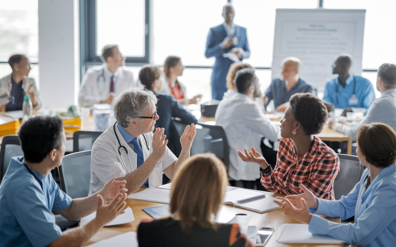 A vibrant healthcare ethics workshop in progress, with healthcare professionals actively participating. A diverse group of attendees listens intently as a keynote speaker presents its topic on ethical decision-making in medicine. The room is filled with educational materials, and participants are engaging in discussions at their tables, showcasing expressions of interest and enthusiasm. The lighting is bright, fostering a positive atmosphere conducive to learning and sharing ideas.