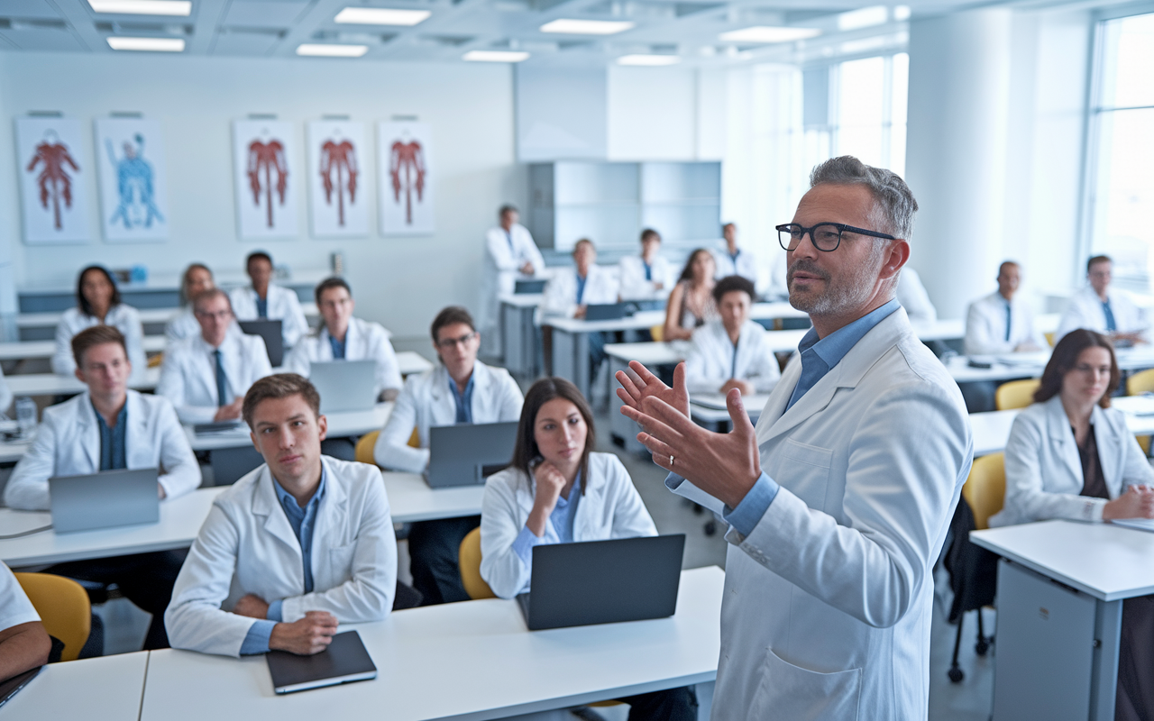 An interior view of a modern German medical university classroom filled with international medical students attentively listening to a professor. The room is bright and spacious, adorned with medical charts on the walls. The professor, a middle-aged man with glasses, gestures animatedly as he explains a complex medical topic. Students of diverse backgrounds are seated with laptops and notebooks, absorbing the interactive lecture, showcasing a mix of cultures and academic enthusiasm.