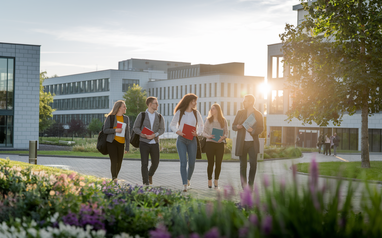 A group of international students walking through the lush, green campus of Karolinska Institute in Sweden, with modern architecture and vibrant flowers in the foreground. The sun is setting, casting a warm golden hue over the scene. Students are engaged in lively conversation, carrying their textbooks, reflecting the multicultural environment and the blend of education and community.