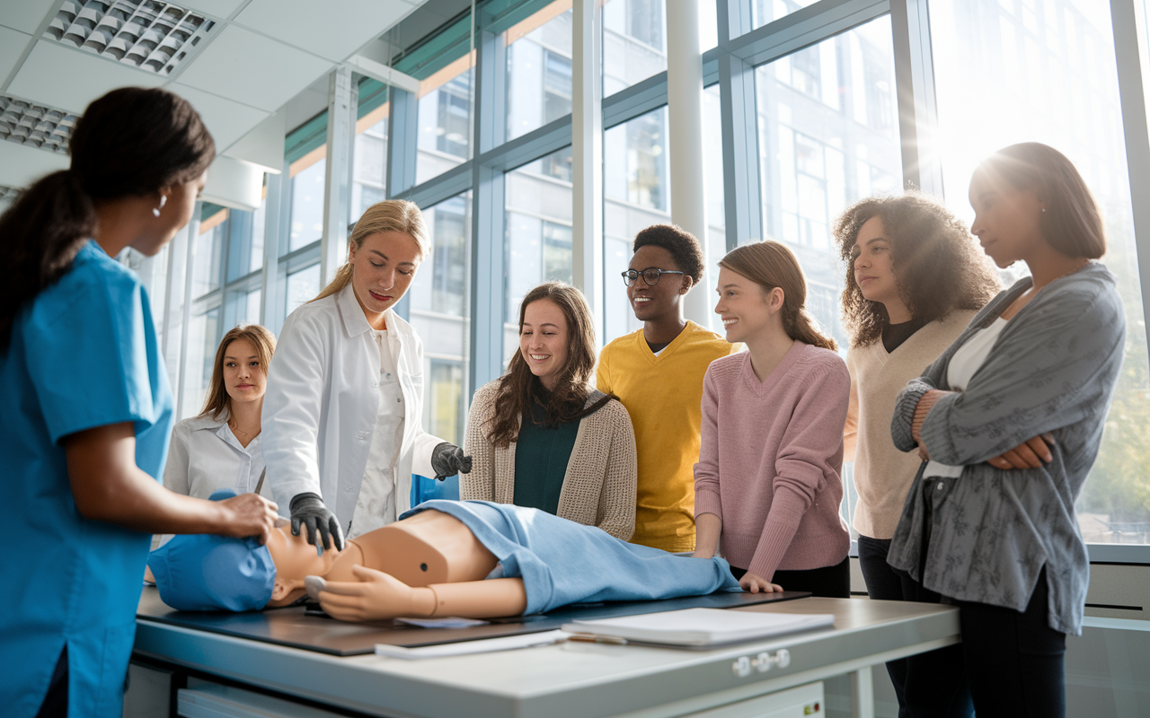 A contemporary classroom setup at Utrecht University with students engaged in a hands-on medical training session. Bright daylight streams in through large windows, creating an inviting atmosphere. A female instructor demonstrates a medical procedure on a mannequin, while a diverse group of students watches attentively, embodying a spirit of collaboration and innovation in medical education.