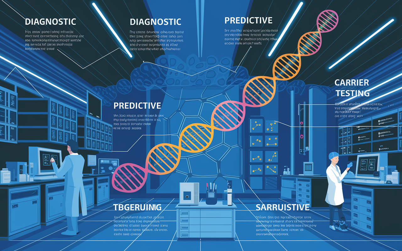 A detailed infographics-style illustration depicting various genetic testing methods, including diagnostic, predictive, and carrier testing. Each section features representative images like DNA helixes, chromosomes, and a medical professional analyzing results in a lab setting. The colors are vibrant with annotations that explain the implications of each test type. The background is a modern laboratory filled with high-tech equipment, symbolizing advanced healthcare technology.