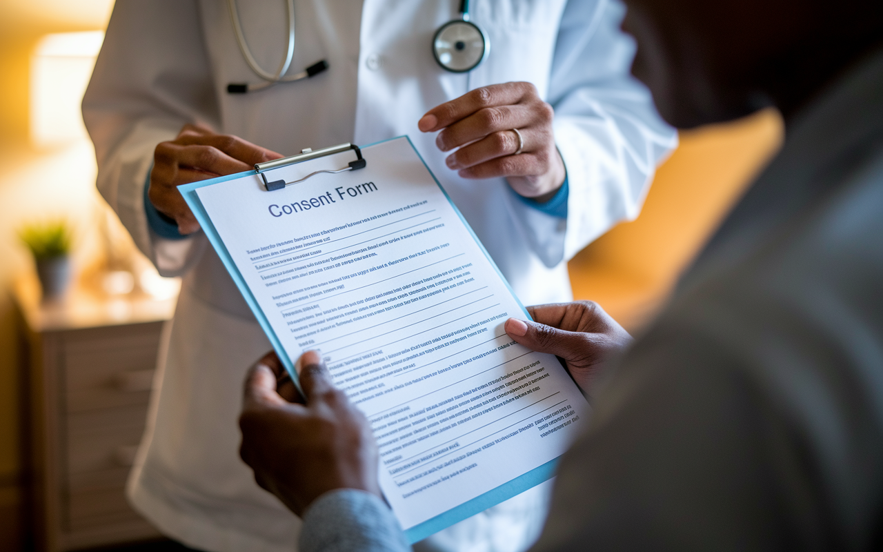 A close-up scene in a healthcare office where a patient is reading a consent form about genetic testing. The document is clear and well-organized, highlighting key points in easy-to-understand language. The healthcare provider stands nearby, discussing and answering the patient's questions with an expression of empathy and support. The room is warmly lit, evoking a sense of trust and careful consideration in a clinical environment.