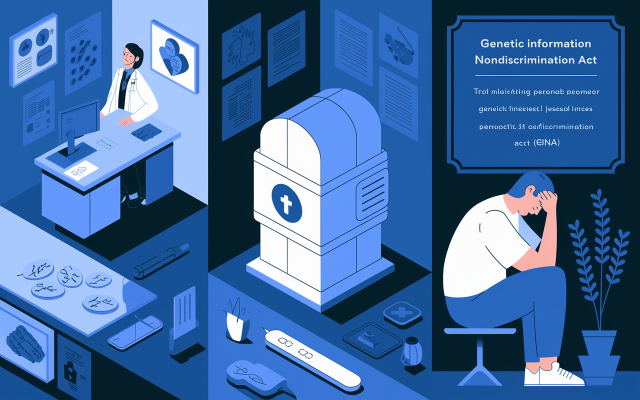 An illustration showing various aspects of privacy in genetic testing. A segmented image includes a doctor's office, a secure digital vault symbolizing data confidentiality, and a distressed patient contemplating their genetic results. The surroundings highlight the importance of safeguarding personal information featured against a backdrop of legal documents like the Genetic Information Nondiscrimination Act (GINA). A dimly lit but informative piece that reflects the serious implications of genetic privacy.