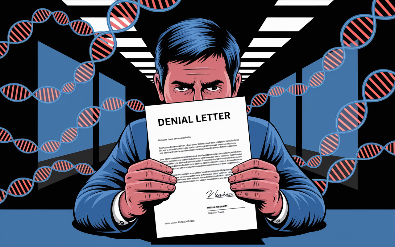 A conceptual image depicting a patient confronting the reality of genetic discrimination. The foreground features a distressed individual holding a denial letter from an insurance company, with visual elements like DNA markers swirling around them symbolizing their genetic makeup. The background is a stark contrast of a corporate office space, emphasizing the institutional power against personal health concerns. This visually powerful image conveys fear and the urgent need for advocacy in genetic-related discrimination.