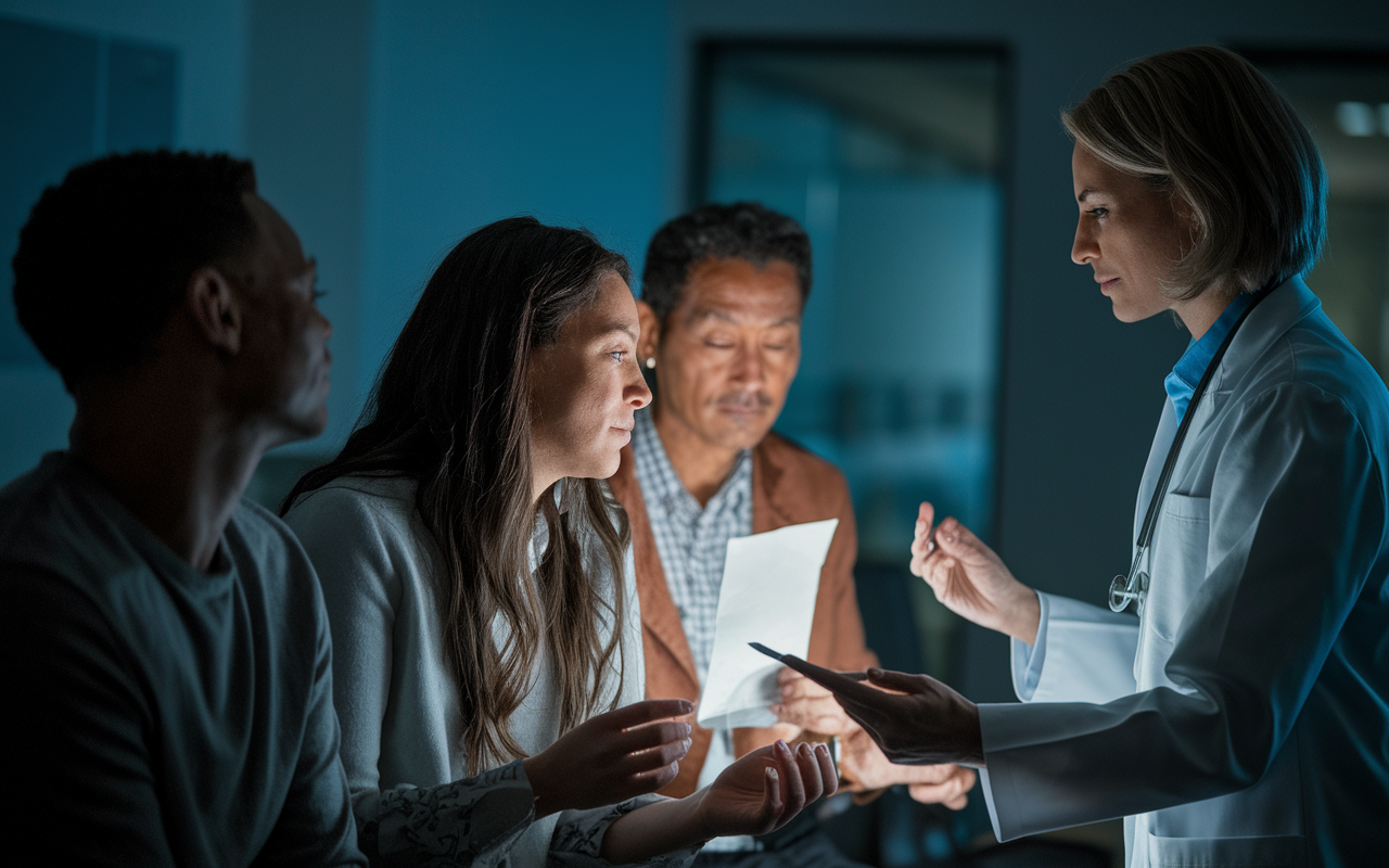 A poignant scene showcasing a patient receiving their genetic test results in a dimly lit office, surrounded by supportive family members. The patient is visibly emotional, displaying a mix of worry and relief, while a healthcare provider stands ready to offer comfort and explain the implications. The soft lighting accentuates the tender moment, filled with empathy and understanding, emphasizing the psychological aspects of genetic testing.