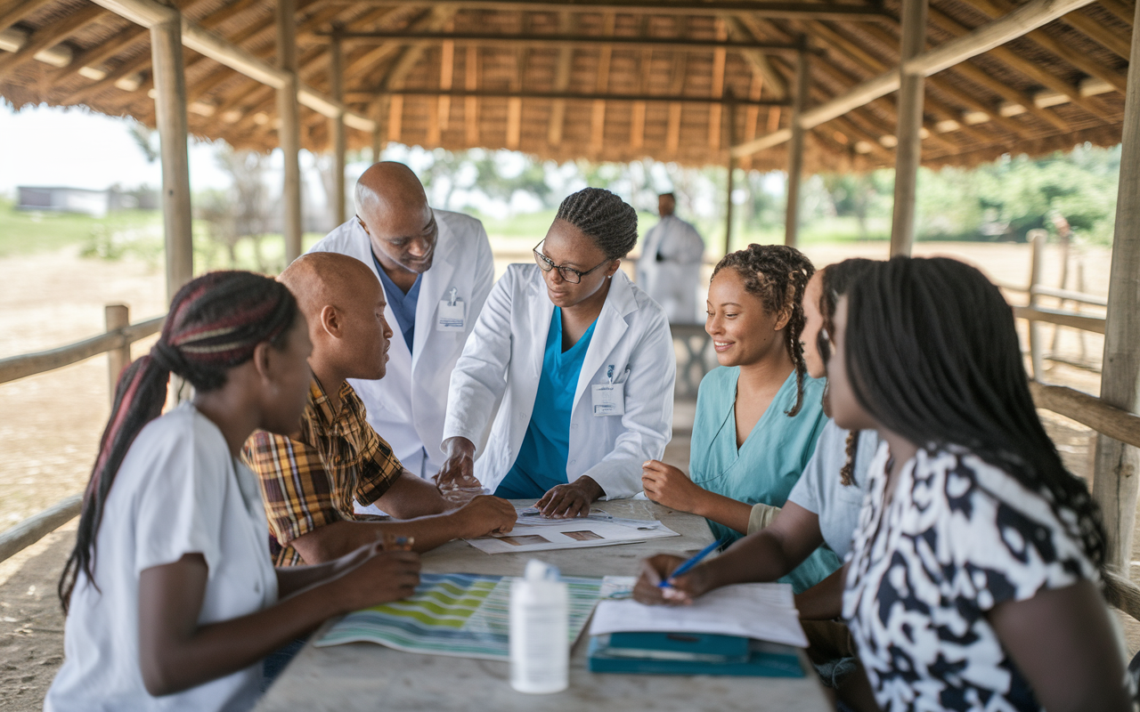 An image depicting a healthcare team working diligently in a community clinic set in a rural area. The providers are actively engaging with a diverse group of patients, including families from varying socioeconomic backgrounds. Educational materials about genetic testing are visible, and the clinic's environment is welcoming. Bright, natural light floods the space, embodying hope and commitment to equitable healthcare access.