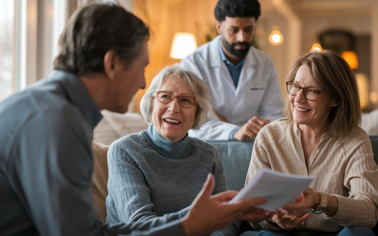 A supportive family scene where a patient discusses their genetic test results with loved ones in a cozy home setting. The family members are shown engaged in a caring conversation, with a genetic counselor visible in the background, providing guidance. The ambiance is warm, filled with soft lighting, symbolizing comfort, understanding, and the challenges surrounding family communication regarding genetics.